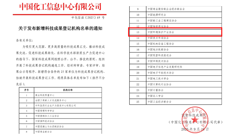 中國環(huán)境保護(hù)產(chǎn)業(yè)協(xié)會成為國家科技成果登記機構(gòu)！